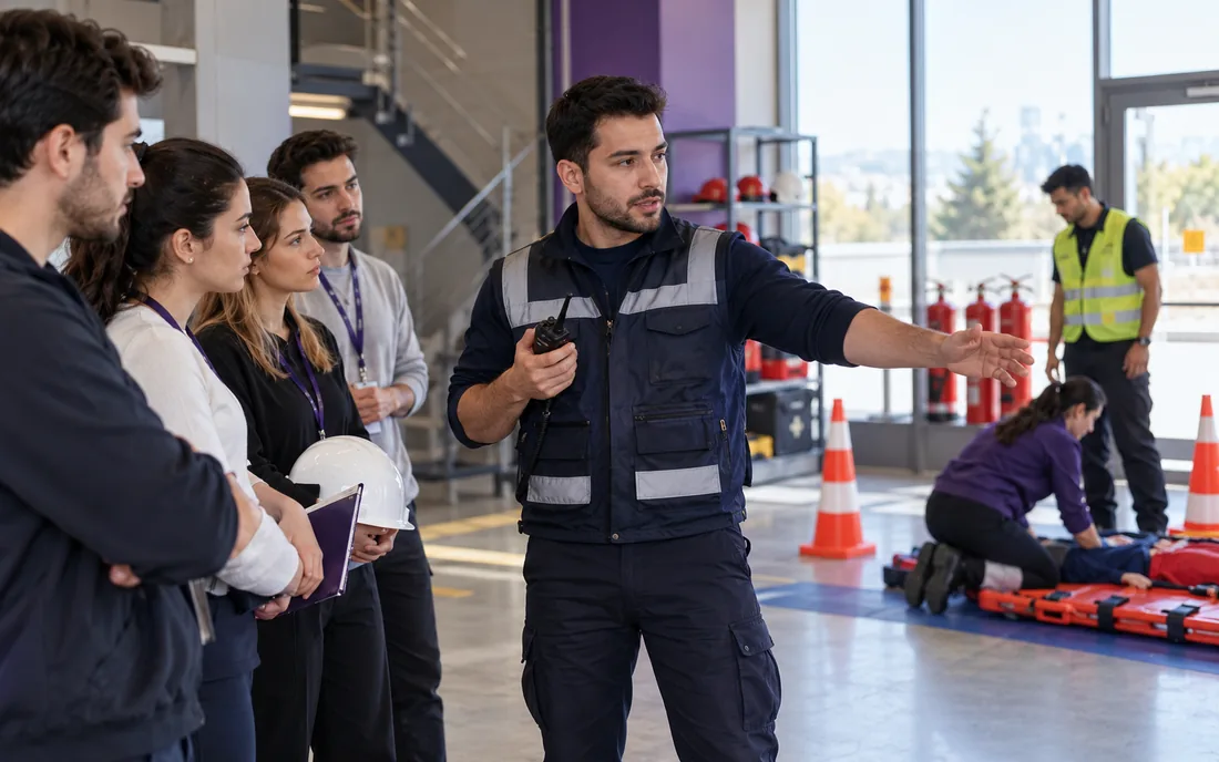 Acil durum tatbikatını genç yetişkin katılımcılara anlatan iş güvenliği eğitmeni
