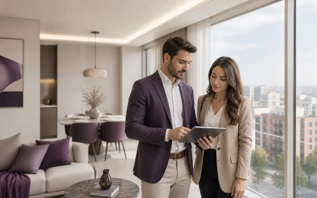 Bir konutu tablet üzerinden inceleyen emlak danışmanı ve müşteri