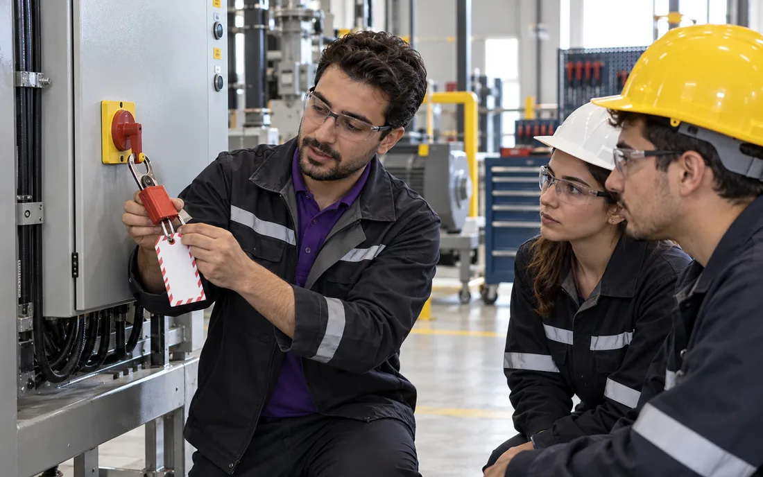 Makine enerji izolasyonunda kilitleme ve etiketleme uygulamasını gösteren eğitmen