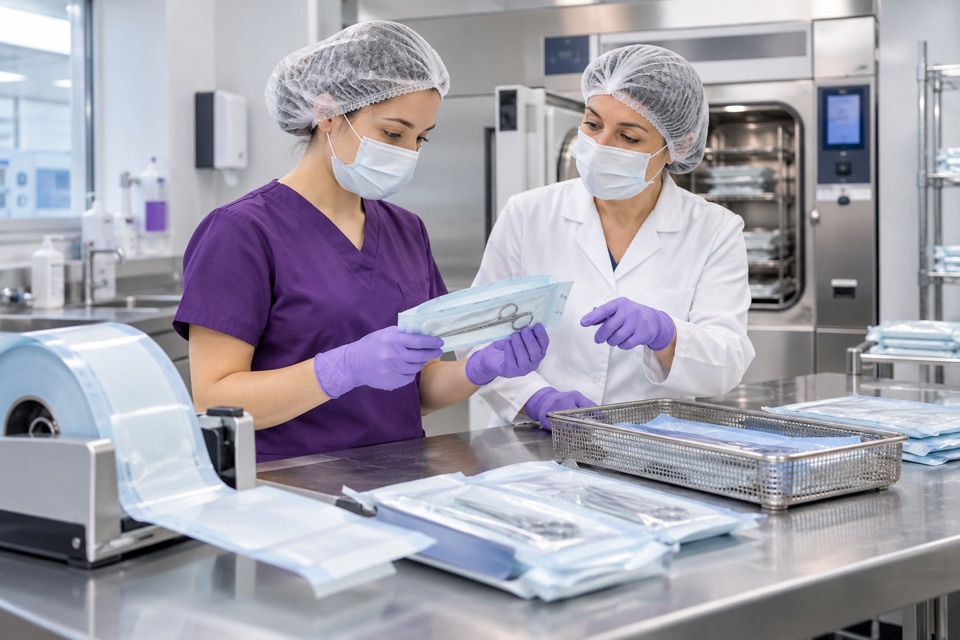 Sterilizasyon ünitesinde güvenli paketleme uygulamasını inceleyen sağlık çalışanları